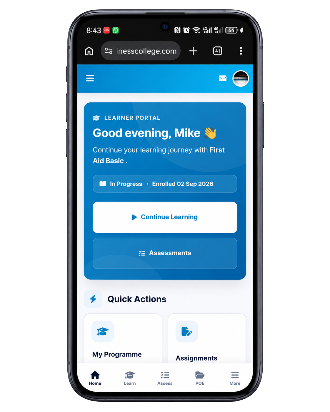 Illustrative smartphone mockup showing a learner portal with learning and assessment options